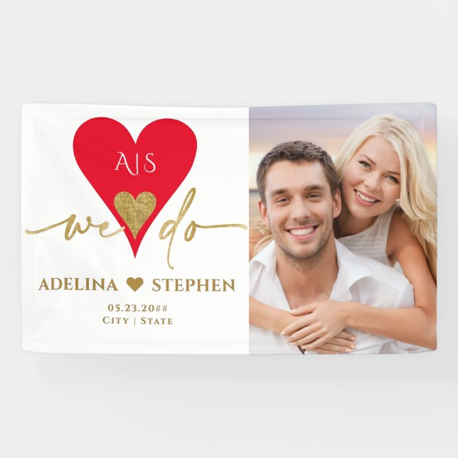 Hochzeitsfeier Elegantes Herzens Minimal Gold Rote Banner (Horizontal)