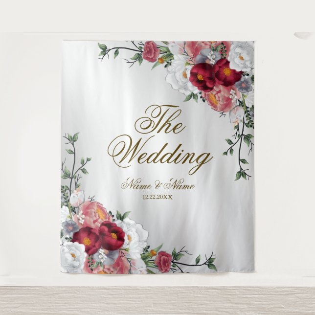 Hochzeitsfeier Farbenfrohe Rote Blütensilber Wandteppich (Vorderseite)