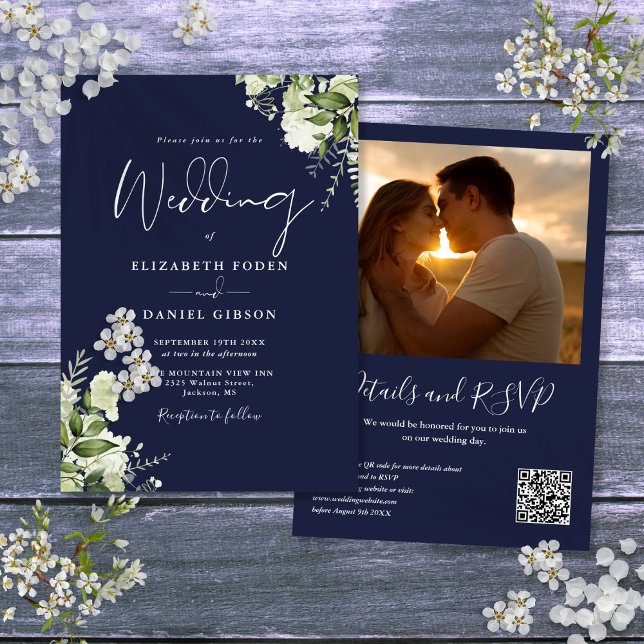 Hochzeitsfeier für Blaugrün-Blüten-QR-Foto Einladung (Navy Blue Greenery Floral QR Code Photo Wedding Invitation)