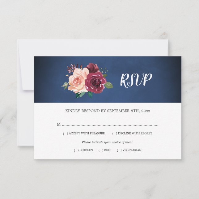 Hochzeitsfeier für die Rose Watercolor Navy Blush  RSVP Karte (Vorderseite)