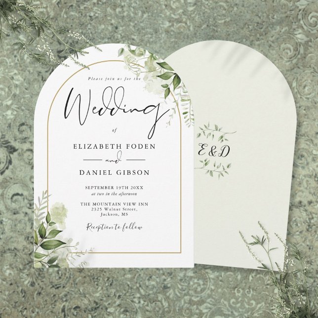 Hochzeitsfeier für die Rustikale Grüne Einladung (Rustic Greenery Floral Gold Arch Monogram Wedding Invitation)