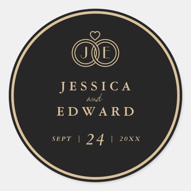 Hochzeitsfeier für Luxury Black Gold Tied Rings Mo Runder Aufkleber (Vorderseite)