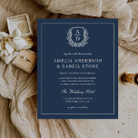Hochzeitsfeier für Navy Blue Monogram<br><div class="desc">Set den Ton für Ihre Hochzeit mit einer marineblau blühenden Wappen Monogramm-Einladung, die zeitlose Eleganz mit personalisiertem Charme verbindet. Die sanfte, staubblaue Farbe verleiht der Touch eine ruhige und raffinierte Note, während das aufwändige Wappen mit Blumenmuster eine klassische und raffinierte Ästhetik verleiht. Ideal für Paare, die ein elegantes und dennoch...</div>