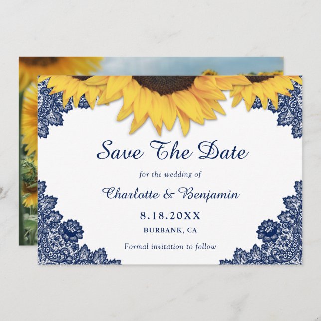 Hochzeitsfeier für Navy Blue Sunflower - Foto Save Save The Date (Vorne/Hinten)