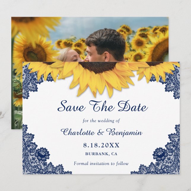 Hochzeitsfeier für Navy Blue Sunflower - Foto Save The Date (Vorne/Hinten)