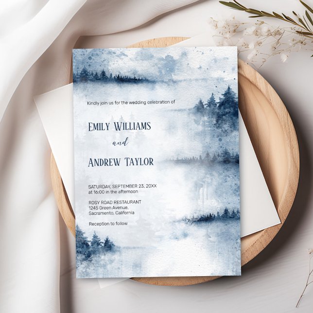 Hochzeitsfeier für Wasserfarbennebel Einladung (“Elegant navy blue watercolor wedding invite with foggy forest design for rustic or woodland wedding)