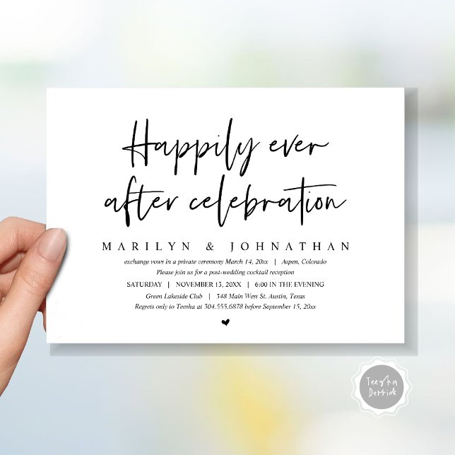 Hochzeitsfeier, glücklich immer nach Feier Einladung (Wedding Elopement, Happily Ever after Celebration Invitation Card, Printed, File, in Black and white)