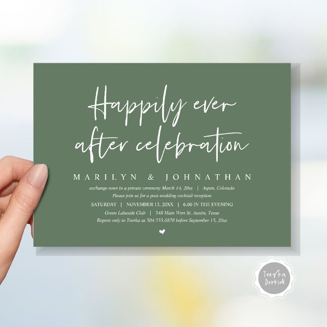 Hochzeitsfeier, glücklich immer nach Feier Einladung (Wedding Elopement, Happily Ever after Celebration Invitation Card, Printed, File, in sage green)