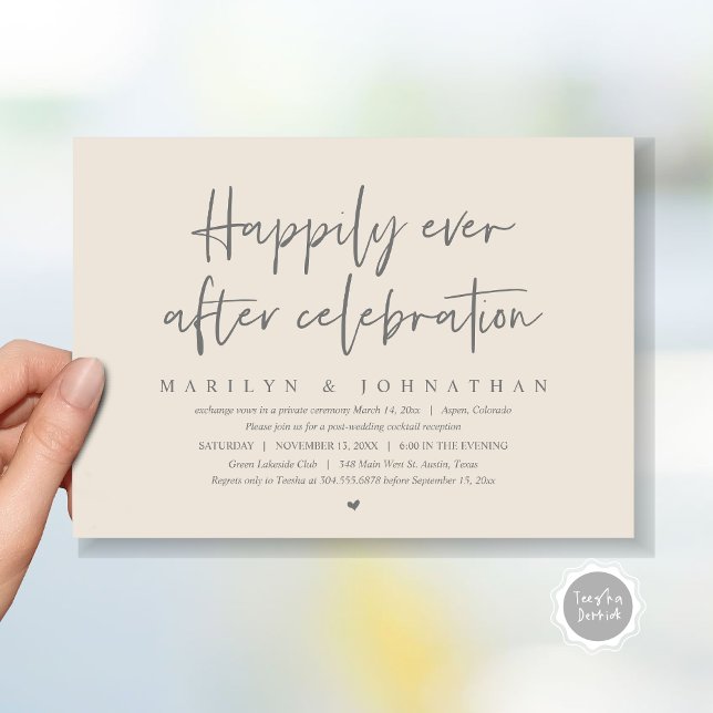 Hochzeitsfeier, glücklich immer nach Feier Einladung (Wedding Elopement, Happily Ever after Celebration Invitation Card, Printed, File, in grey and cream)