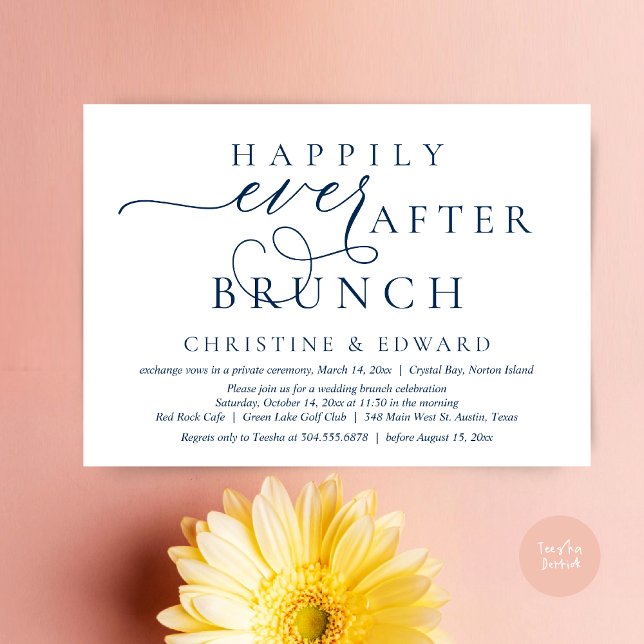 Hochzeitsfeier, glücklicherweise immer nach dem Br Einladung (Modern Classy Wedding Elopement, Happily Ever After Brunch Invitation Card, PDF, in Navy Blue)