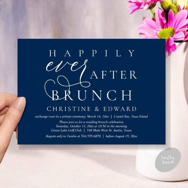 Hochzeitsfeier, glücklicherweise immer nach dem Br Einladung (Modern Classy Wedding Elopement, Happily Ever After Brunch Invitation Card, PDF, in Navy Blue)