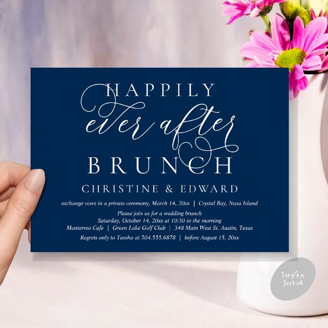 Hochzeitsfeier, glücklicherweise immer nach dem Br Einladung (Modern Classy Wedding Elopement, Happily Ever After Brunch Invitation Card, PDF, in Navy Blue)