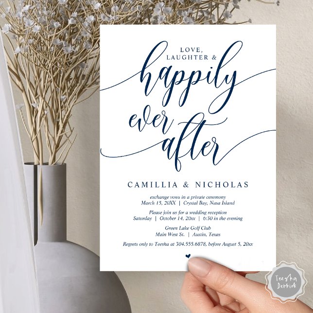 Hochzeitsfeier, glücklicherweise immer nach dem Pa Einladung (Wedding Elopement, Happily Ever After Party Invitation Card, PDF, Navy Blue)