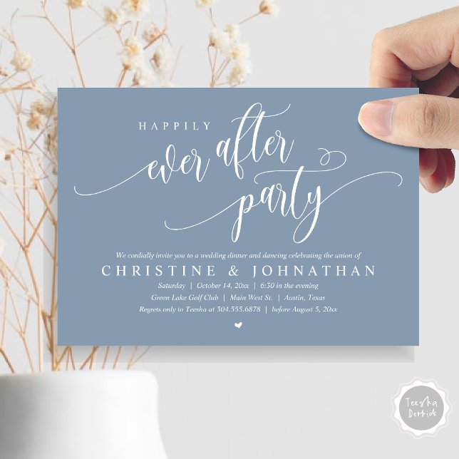 Hochzeitsfeier, glücklicherweise immer nach dem Pa Einladung (Wedding Elopement, Happily Ever After Party Invitation Card, Modern Contemporary, PDF, in Dusty Blue)