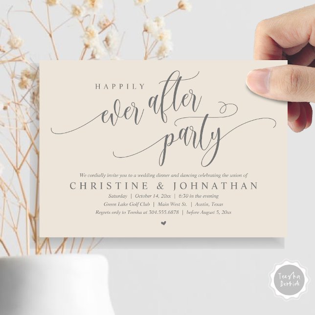 Hochzeitsfeier, glücklicherweise immer nach dem Pa Einladung (Wedding Elopement, Happily Ever After Party Invitation Card, Modern Contemporary, PDF, in Grey Cream)