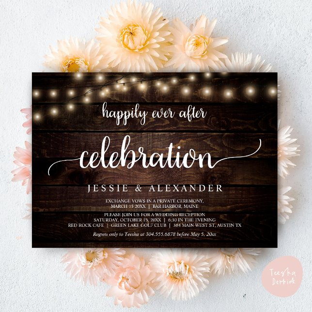 Hochzeitsfeier, glücklicherweise immer nach Feier Einladung (Wedding Elopement, Happily Ever After Celebration Invitation Card, PDF, String Lights, Dark Wood)