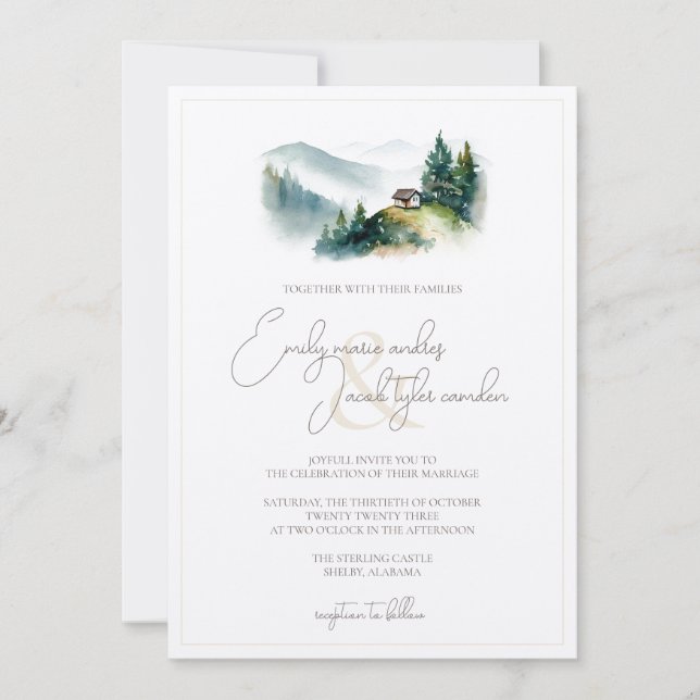 Hochzeitsfeier - Hütte in Wasserfarbe Einladung (Vorderseite)