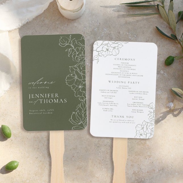 Hochzeitsfeier im Grünen Fächer (Elegant floral sage green wedding program hand fan)
