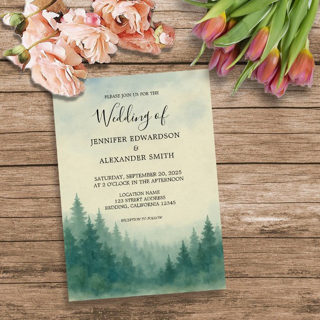 Hochzeitsfeier im Kiefernwald Einladung (Rustic watercolor pine tree forest wedding invitation. )