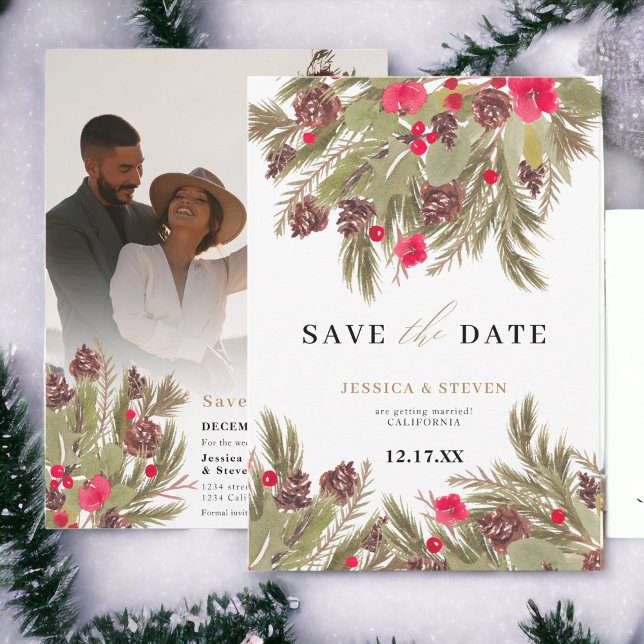 Hochzeitsfeier im Pinienwald Save The Date (Winter pine elegance floral wedding save the date)