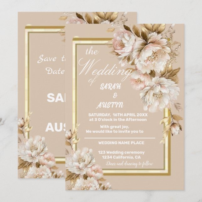 Hochzeitsfeier in Beige und Rosa Einladung (Vorne/Hinten)
