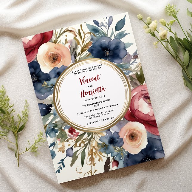 Hochzeitsfeier in blau-bordeauxrot einladung (Navy blue burgundy floral country chic Wedding)