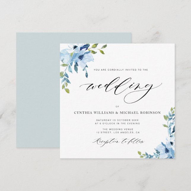 Hochzeitsfeier in Blau und Weiß Einladung (Vorne/Hinten)