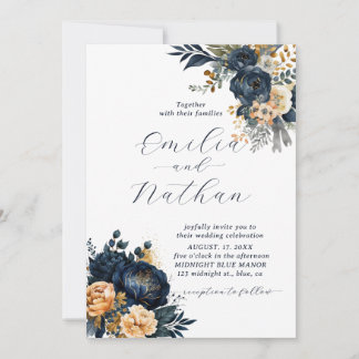 Hochzeitsfeier in Blue und Gold Floral Einladung