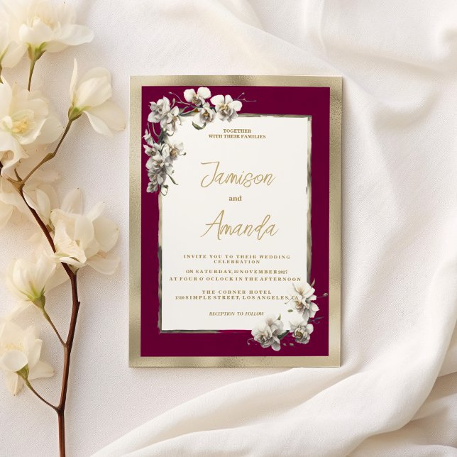 Hochzeitsfeier in Bordeaux Einladung (Elegant burgundy gold white orchid floral Wedding )