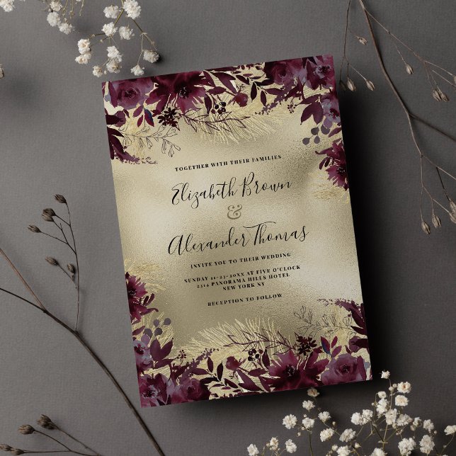 Hochzeitsfeier in Bordeaux-Gold Glitzer Einladung (Luxury burgundy gold glitter floral wedding invitation )