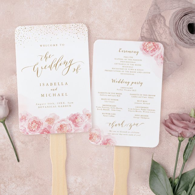 Hochzeitsfeier in Gold und Blüten Fächer (Elegant script gold & blush floral wedding program hand fan)