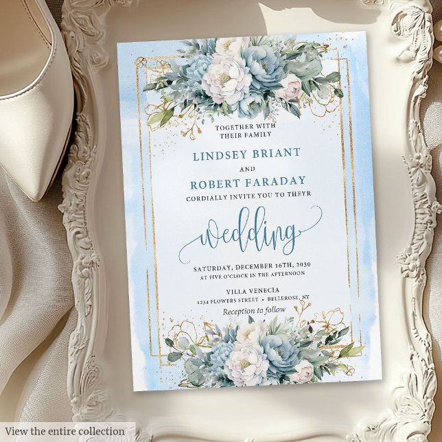 Hochzeitsfeier in Luxus-Blau Einladung (Luxury dusty blue white floral wedding invitation

)