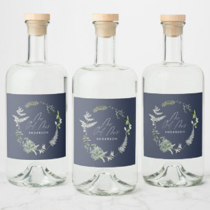 Hochzeitsfeier in Navy mit elegantem Botanischem S Alkoholflaschenetikett