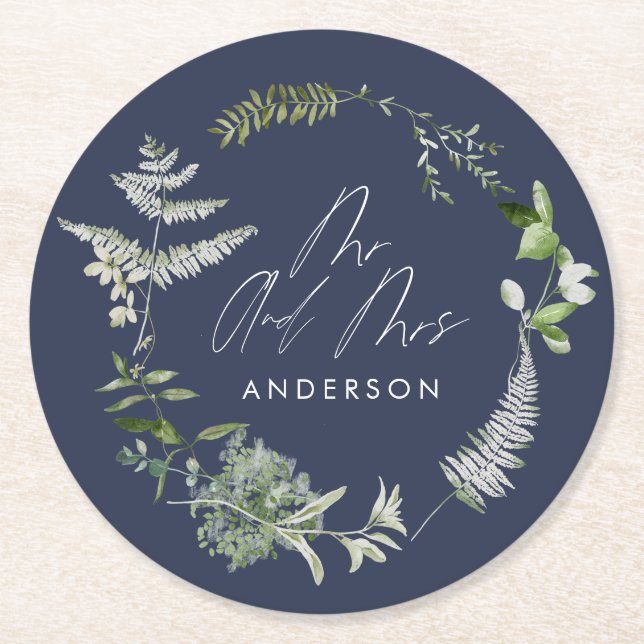 Hochzeitsfeier in Navy mit elegantem Botanischem S Runder Pappuntersetzer (Vorderseite)