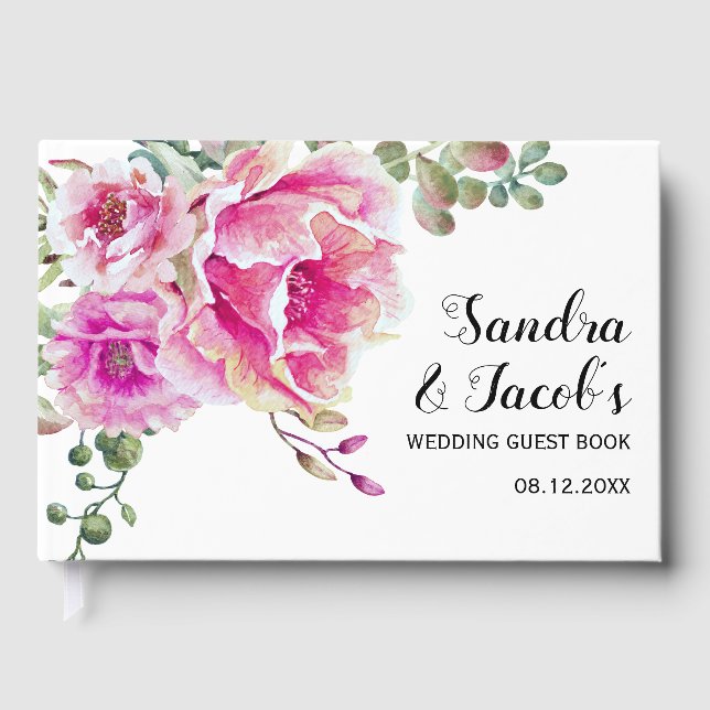Hochzeitsfeier in Rosa, Aquarellfarben und Typogra Gästebuch (Vorderseite)