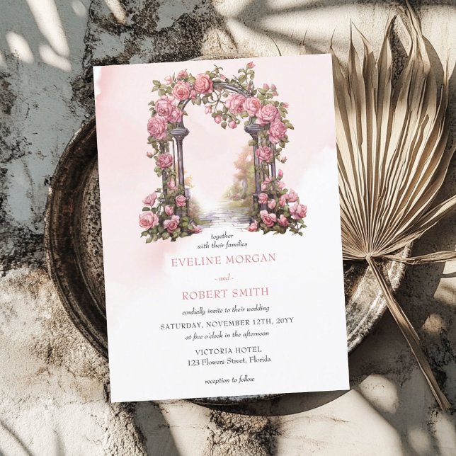 Hochzeitsfeier in Rosa Einladung (Elegant watercolor blush pink floral arch wedding invitation)