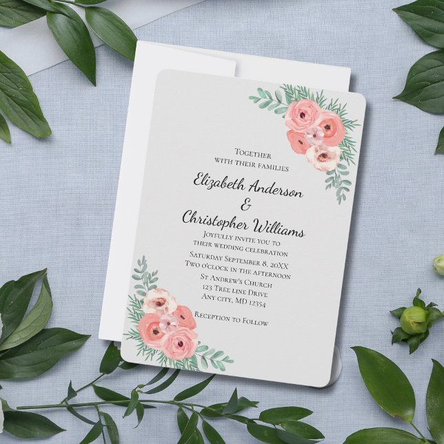 Hochzeitsfeier in Rosa und Grau Einladung (pink floral watercolor wedding invitation with greenery. Light gray background)