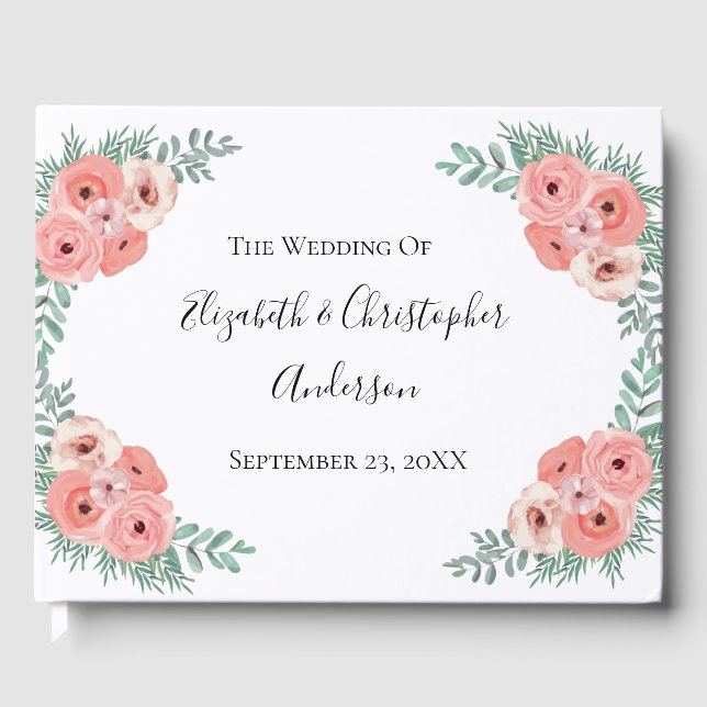 Hochzeitsfeier in Rosa und grüner Flora Gästebuch (Vorderseite)