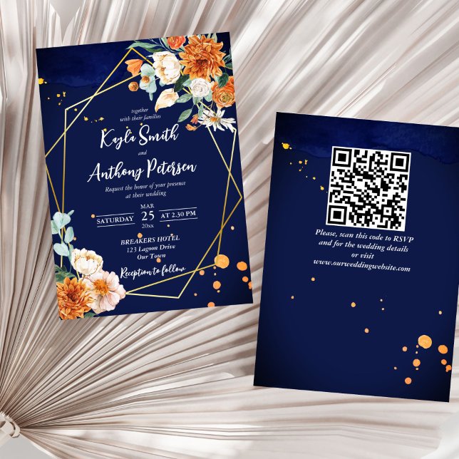 Hochzeitsfeier in Rosenblau Einladung (Navy blue orange white roses geometrical gold frame all in one wedding invitation template digital)