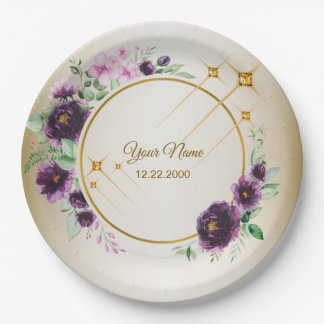 Hochzeitsfeier Lila Rosa Blumen Grün Golden Pappteller