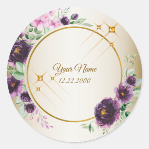 Hochzeitsfeier Lila Rosa Blumen Grün Golden Runder Aufkleber