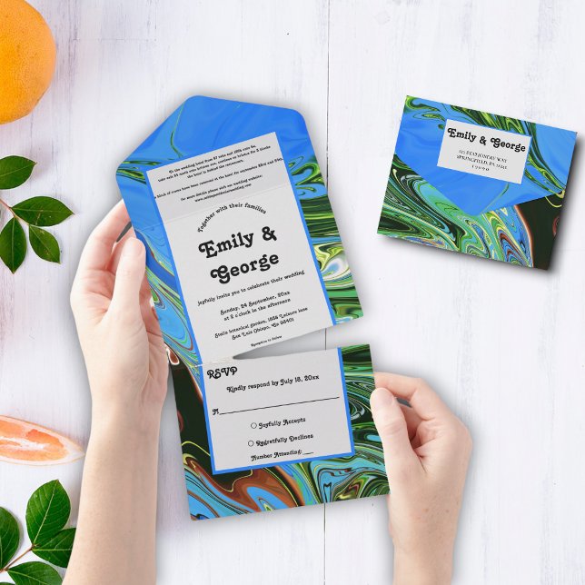 Hochzeitsfeier mit Abstraktem Ölgemälde in Blau All In One Einladung (Von Creator hochgeladen)