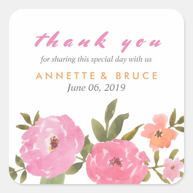 Hochzeitsfeier mit Aquarellblumen Quadratischer Aufkleber (Vorderseite)