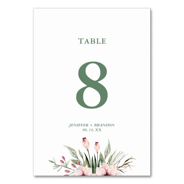 Hochzeitsfeier mit Aquarellblumen - Tischnummer (Vorderseite)