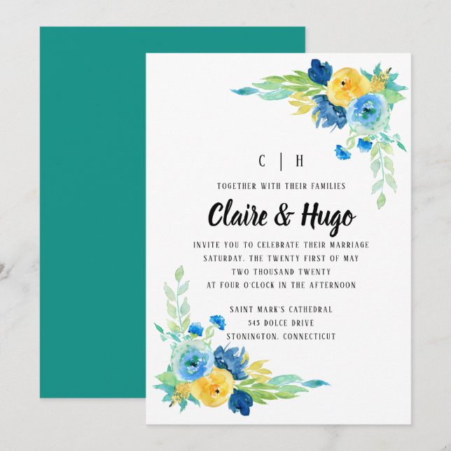 Hochzeitsfeier mit blauem Blumen Einladung (Vorne/Hinten)