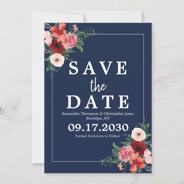 Hochzeitsfeier mit blauem Burgundy Coral Floral Wa Save The Date (Vorderseite)
