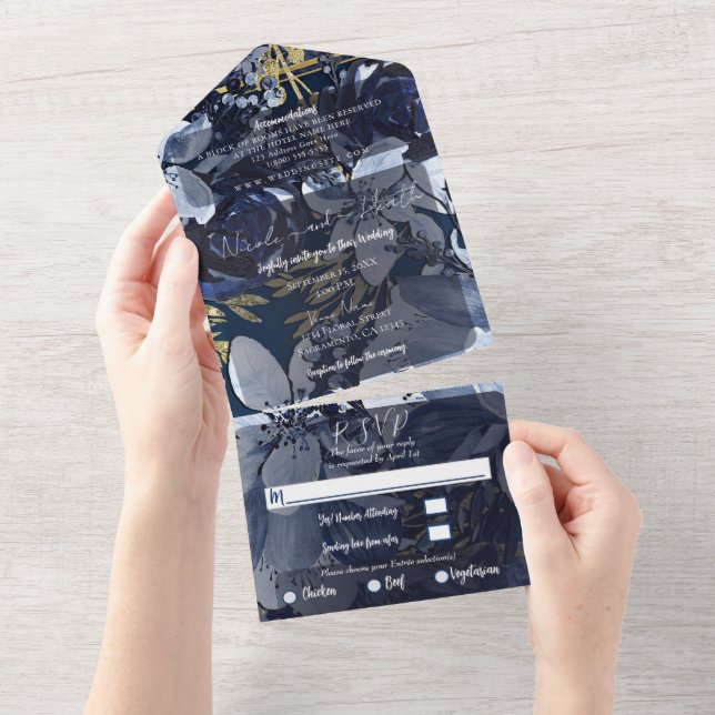 Hochzeitsfeier mit blauem Gold-Aquarell-Foto All In One Einladung (Abreißen)