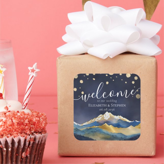 Hochzeitsfeier mit blauem Gold Foil Quadratischer Aufkleber (Party)