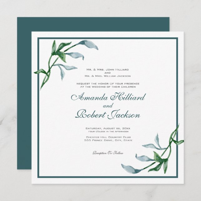 Hochzeitsfeier mit blauem grünem Blütenblatt Einladung (Vorne/Hinten)