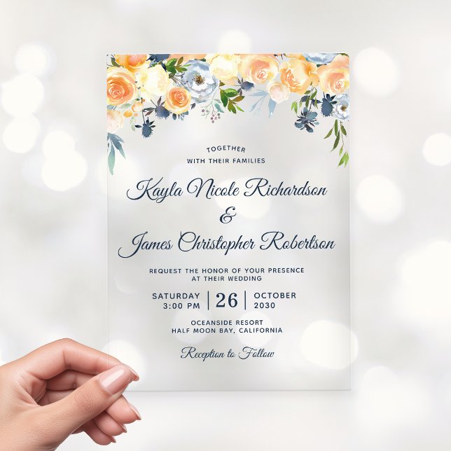 Hochzeitsfeier mit blauem Korallenpfirsich Acryleinladungen (Navy Blue Coral Peach Watercolor Floral Wedding Acrylic Invitations)